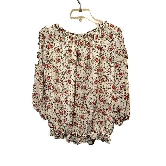 Max Studio Blouse Top Women L Beige Floral Cold Shoulder Long Sleeve Round Neck - Picture 2 of 4